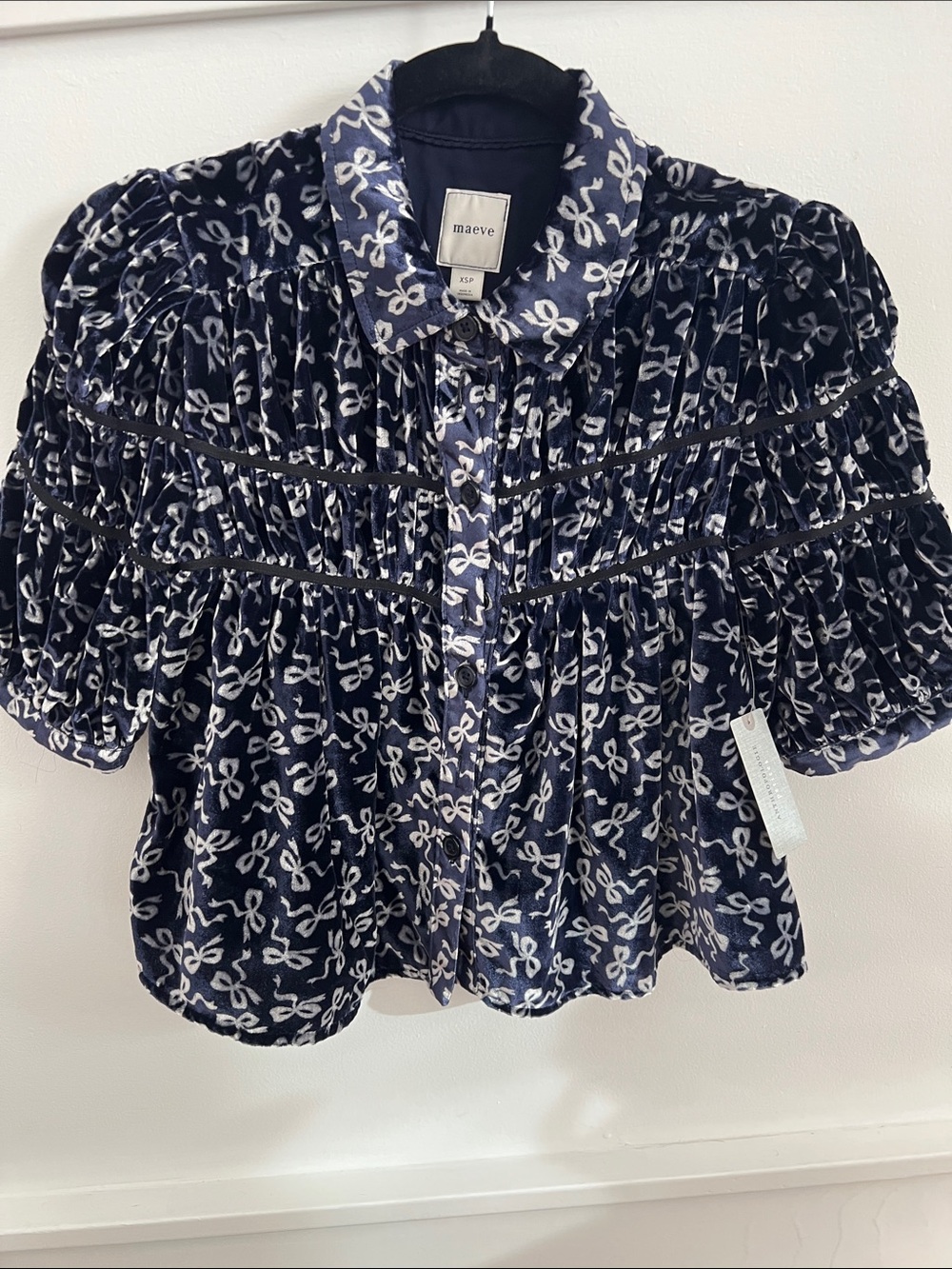 Maeve Navy and White Velvet Bow-Print Ruffle Button Blouse